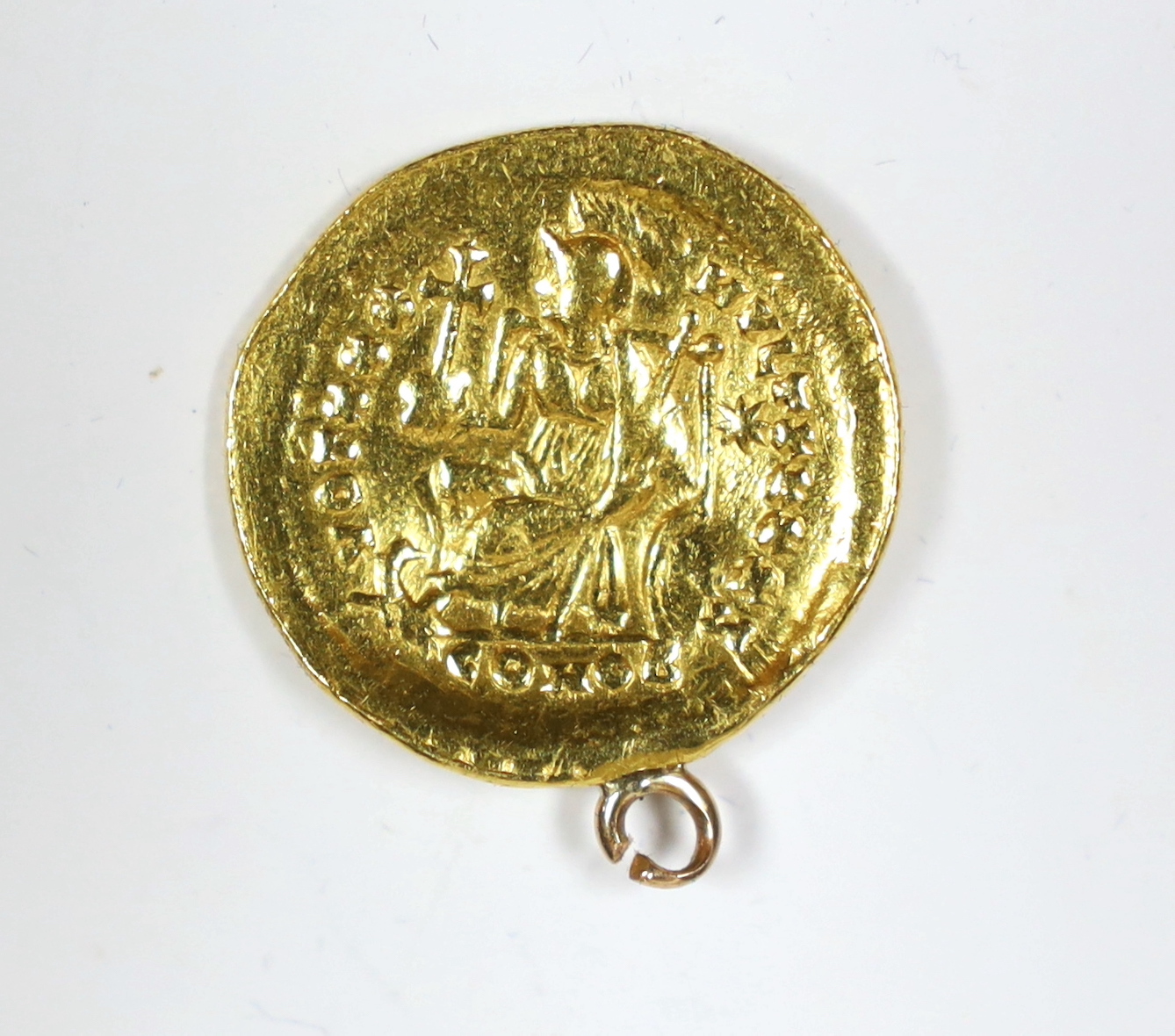 Ancient hammered coins, Theodosius II gold solidus Constantinople 402-450AD, later mounted otherwise VG or better, 4.45g gross